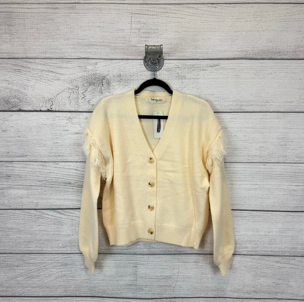 Impressions Women's Cream Fringe Shoulder Knit Button Up Sweater Size Medium